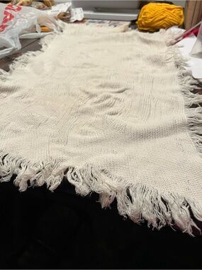 Cream Fringed table scarf or dresser scarf.